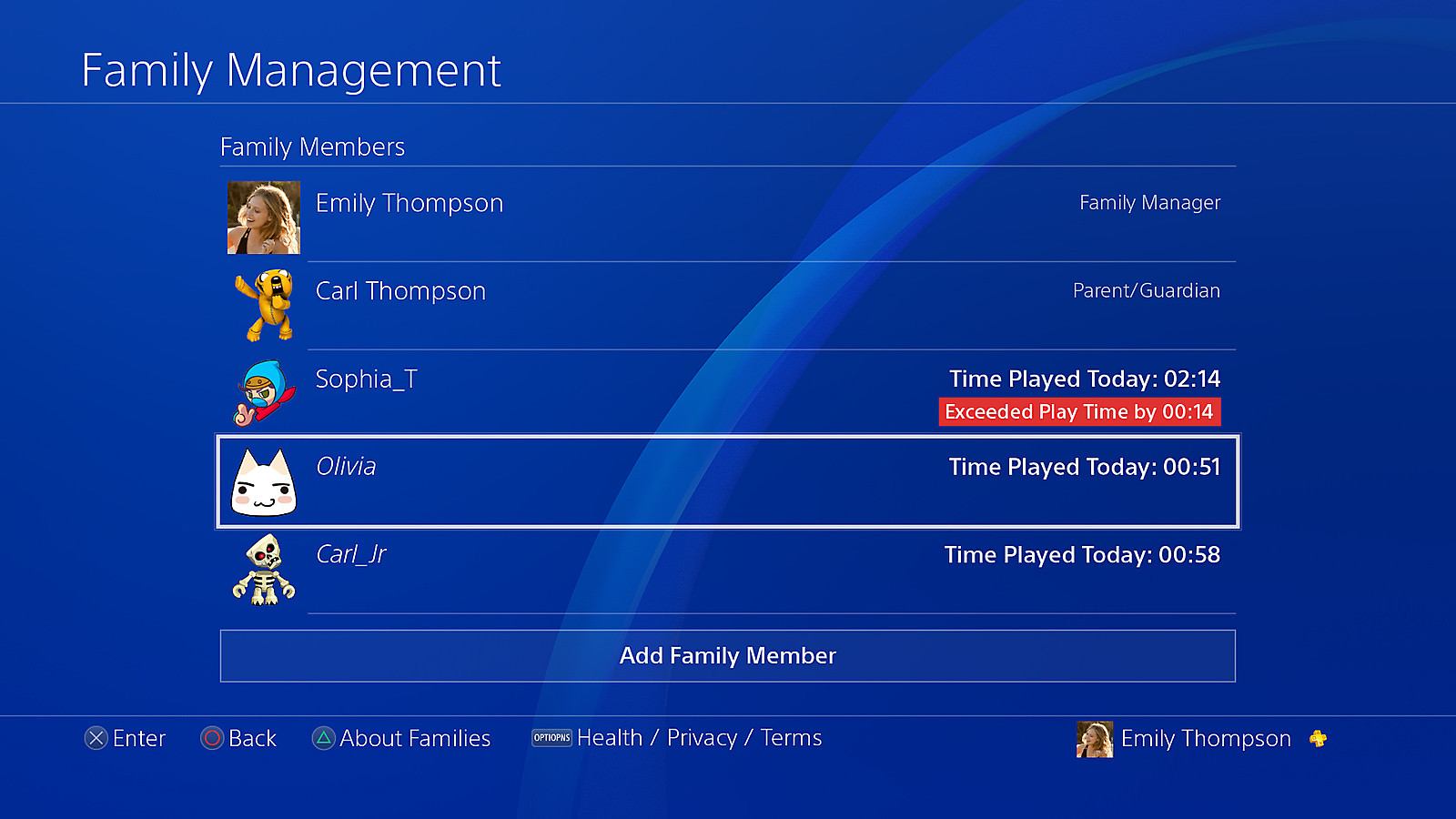 Family Management screen - PS4